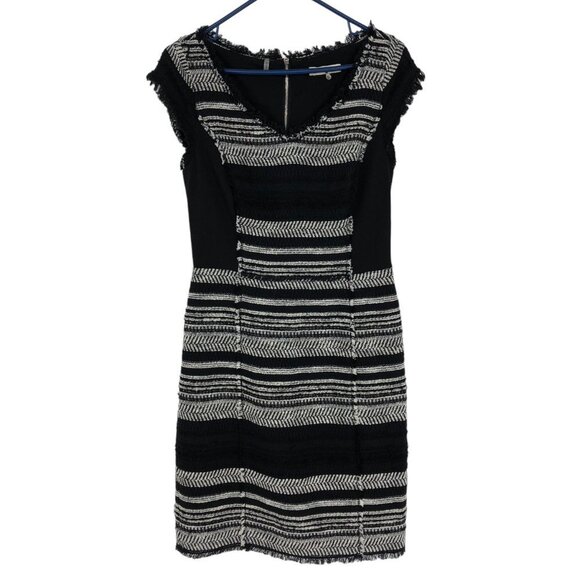 Rebecca Taylor Black White Tweed stripe leather cap sleeve Midi flare Dress 6 - Picture 2 of 13